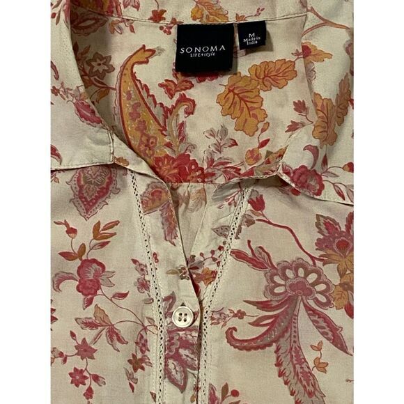 Woman’s Sonoma SZ M White/Pink Paisley-Floral Button Down Blouse - Picture 3 of 5